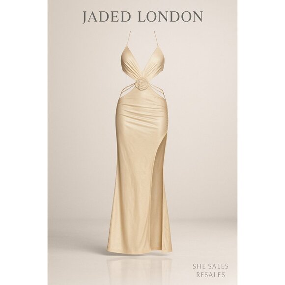 Jaded London Vida Maxi Dress Metallic Gold Cut-Out Halter Gown NWT Size US 4 - Picture 1 of 9